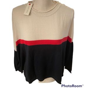 NWT Mersea womens cream navy red stripe thru it cream snaps at shoulder sweater